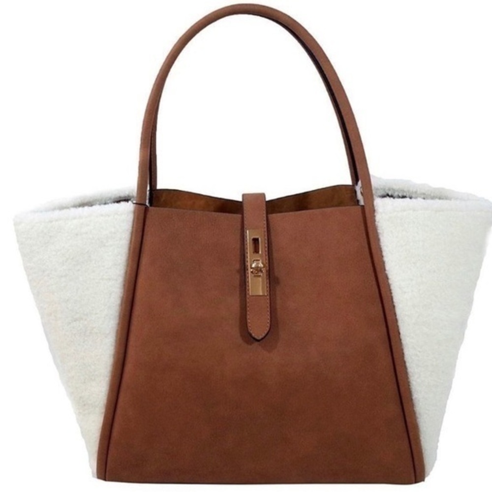 FFC New York Lacy Brown Tan Sheep Fur Sherpa Tote Bag Pre-Loved Gently Used